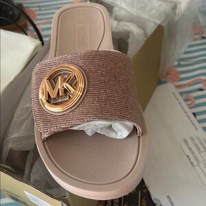 Michael Kors Rose Gold Slide Sandals with MK Logo